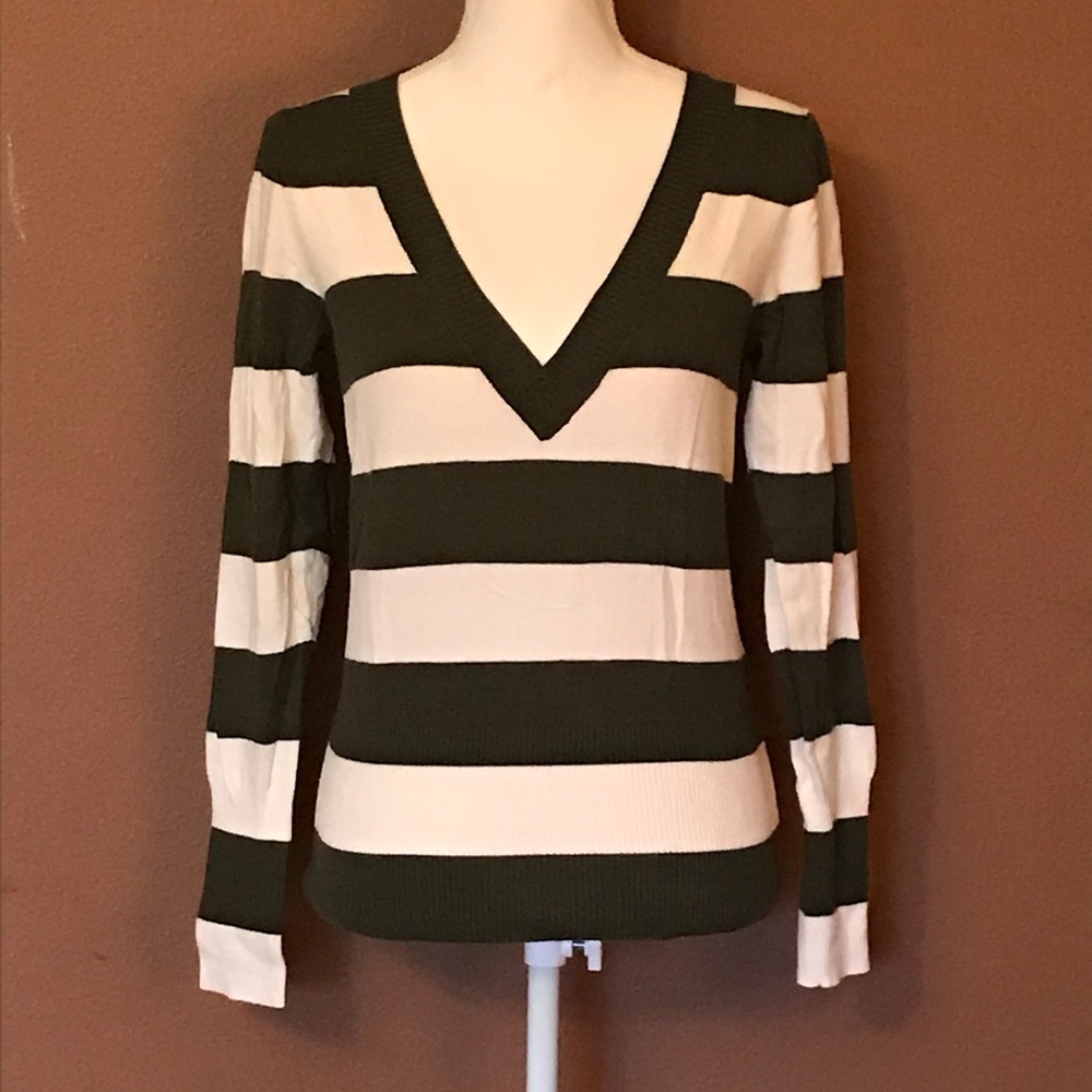 SO Green/Cream Stripped V-Neck Sweater